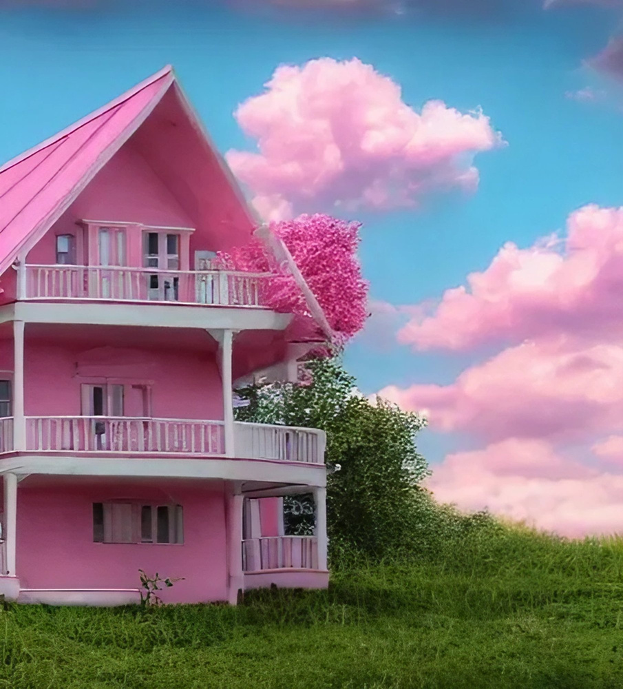 pink house and pink clouds and green grass, nature